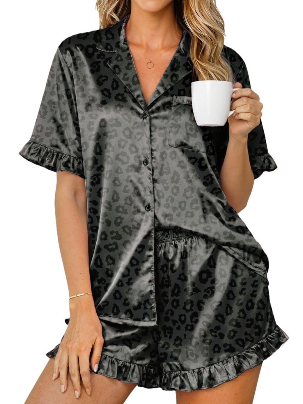 Womens Satin Pajamas Set Button Up Silk Pjs Short Sleeve Shorts Set